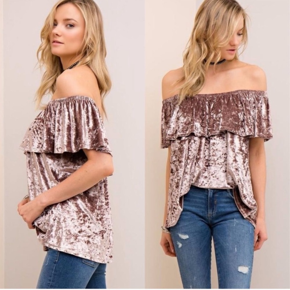 Entro Mauve Off The Shoulder Crushed Velvet Ruffle Top